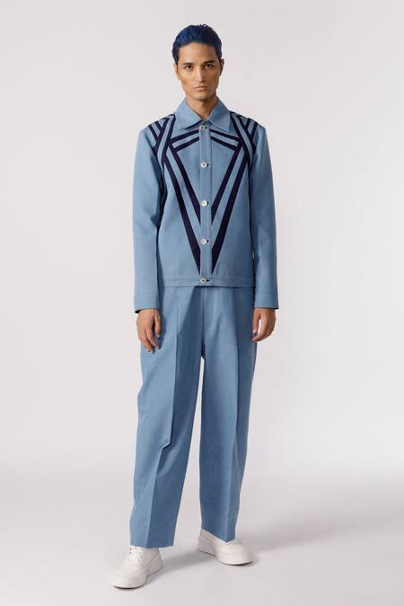 Line Out Line_Blue Denim Patchwork Bomber Jacket_Online_at_Aza_Fashions