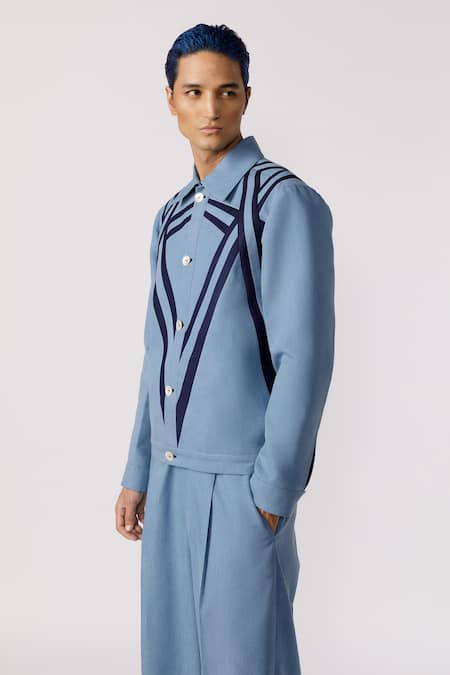 Buy_Line Out Line_Blue Denim Patchwork Bomber Jacket_Online_at_Aza_Fashions