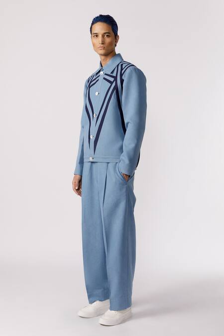 Shop_Line Out Line_Blue Denim Patchwork Bomber Jacket_Online_at_Aza_Fashions