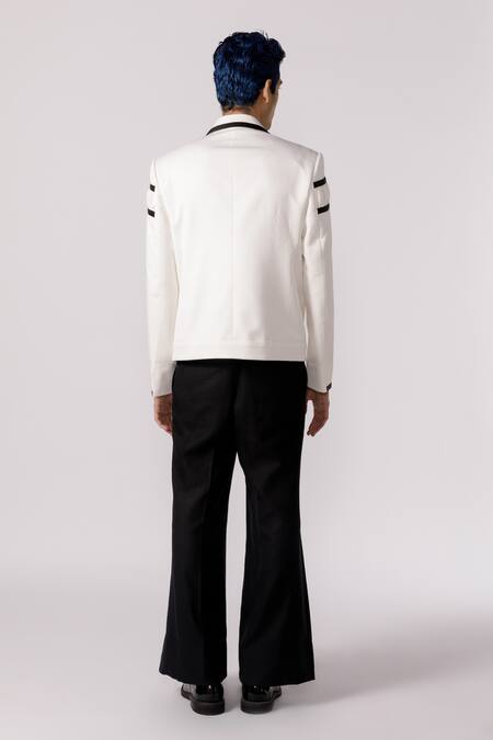 Shop_Line Out Line_Off White Cotton Patchwork Arched Ruched Bomber Jacket_at_Aza_Fashions