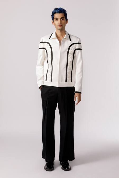Line Out Line_Off White Cotton Patchwork Arched Ruched Bomber Jacket_Online_at_Aza_Fashions