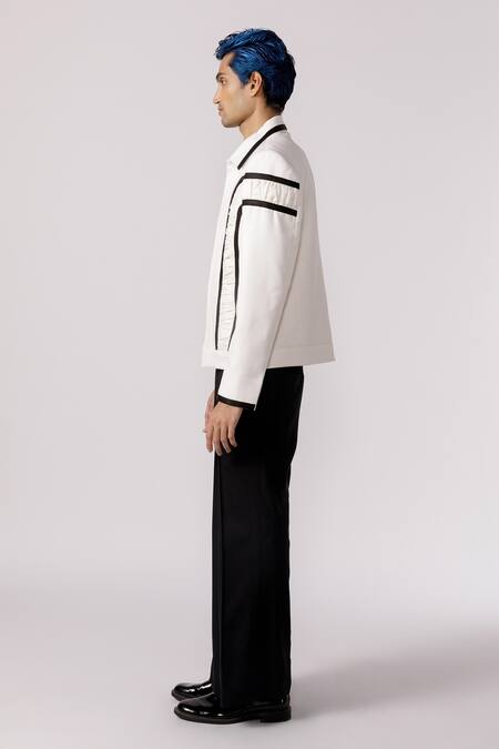 Buy_Line Out Line_Off White Cotton Patchwork Arched Ruched Bomber Jacket_Online_at_Aza_Fashions