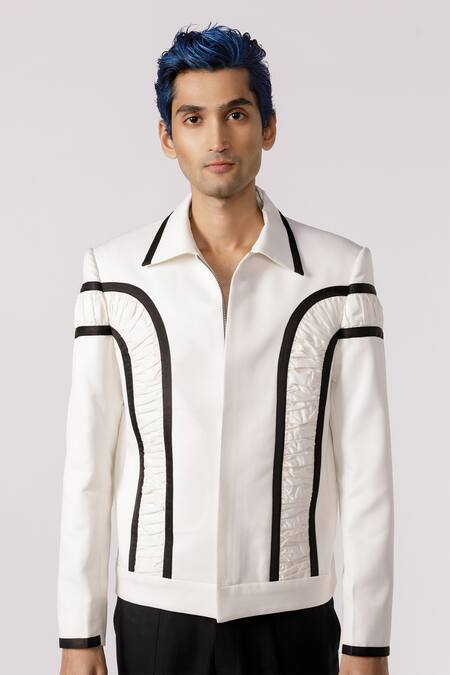 Shop_Line Out Line_Off White Cotton Patchwork Arched Ruched Bomber Jacket_Online_at_Aza_Fashions
