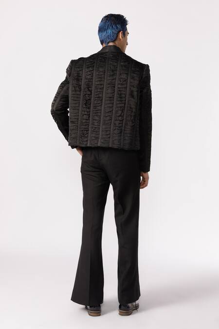 Shop Line Out Line Black Cotton Textured Ruched Cropped Blazer at Aza Fashions Shop_Line Out Line_Black Cotton Textured Ruched Cropped Blazer_at_Aza_Fashions