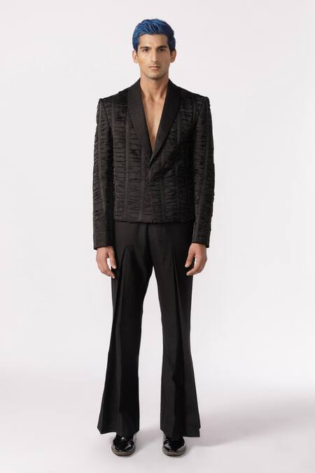 Line Out Line Black Cotton Textured Ruched Cropped Blazer Online at Aza Fashions Line Out Line_Black Cotton Textured Ruched Cropped Blazer_Online_at_Aza_Fashions