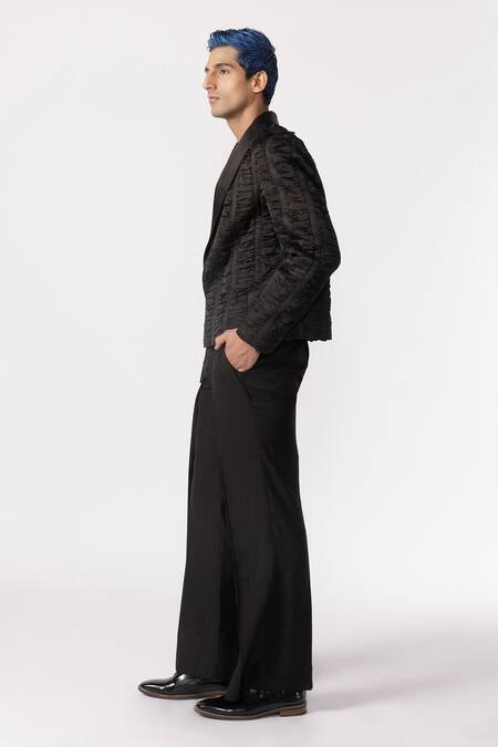 Buy Line Out Line Black Cotton Textured Ruched Cropped Blazer Online at Aza Fashions Buy_Line Out Line_Black Cotton Textured Ruched Cropped Blazer_Online_at_Aza_Fashions