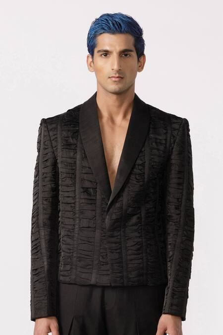 Shop Line Out Line Black Cotton Textured Ruched Cropped Blazer Online at Aza Fashions Shop_Line Out Line_Black Cotton Textured Ruched Cropped Blazer_Online_at_Aza_Fashions
