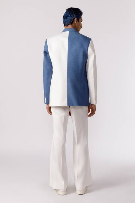 Shop_Line Out Line_Blue Denim Textured Chevron Panelled Blazer_at_Aza_Fashions