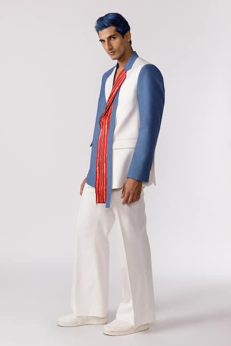 Buy_Line Out Line_Blue Denim Textured Chevron Panelled Blazer_Online_at_Aza_Fashions