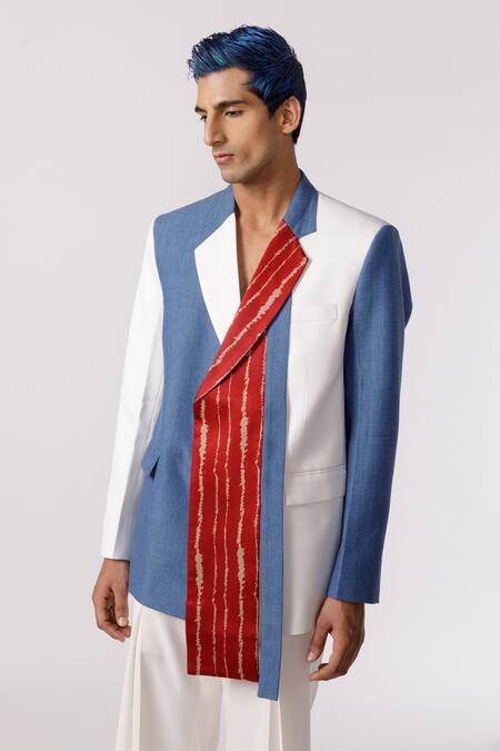Shop_Line Out Line_Blue Denim Textured Chevron Panelled Blazer_Online_at_Aza_Fashions