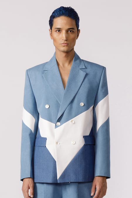 Line out line Blue Cotton Textured Colour Block Panelled Blazer  