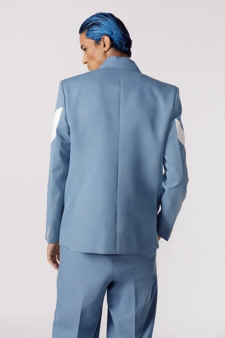 Shop Line Out Line Blue Cotton Textured Colour Block Panelled Blazer at Aza Fashions Shop_Line Out Line_Blue Cotton Textured Colour Block Panelled Blazer_at_Aza_Fashions