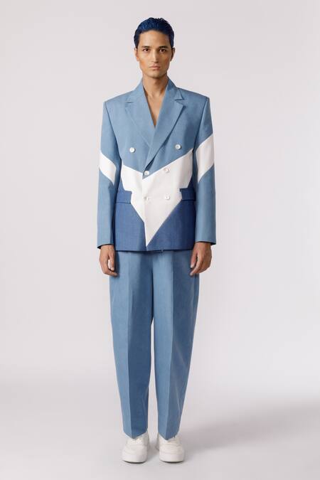 Line Out Line Blue Cotton Textured Colour Block Panelled Blazer Online at Aza Fashions Line Out Line_Blue Cotton Textured Colour Block Panelled Blazer_Online_at_Aza_Fashions