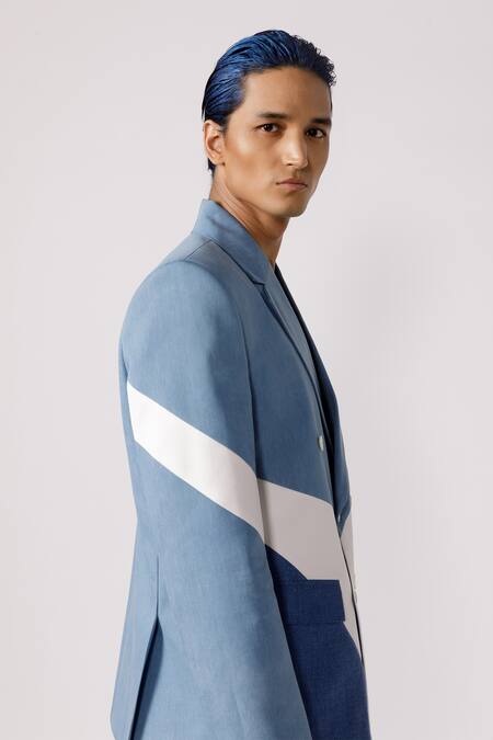 Buy Line Out Line Blue Cotton Textured Colour Block Panelled Blazer Online at Aza Fashions Buy_Line Out Line_Blue Cotton Textured Colour Block Panelled Blazer_Online_at_Aza_Fashions
