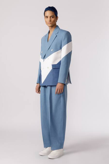 Shop Line Out Line Blue Cotton Textured Colour Block Panelled Blazer Online at Aza Fashions Shop_Line Out Line_Blue Cotton Textured Colour Block Panelled Blazer_Online_at_Aza_Fashions