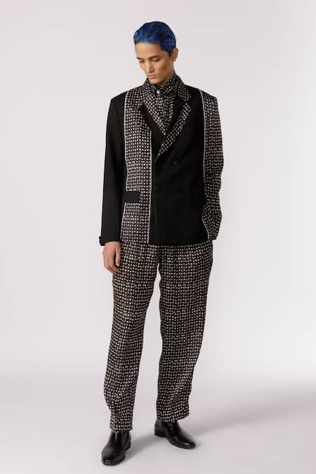 Line Out Line_Black Cotton Poly Stretch Printed Polka Dot Placed Blazer_Online_at_Aza_Fashions