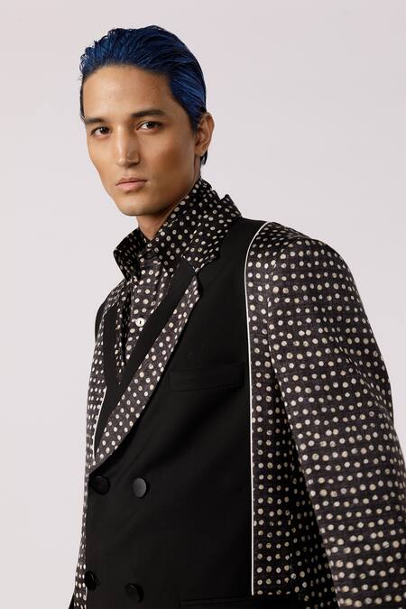 Buy_Line Out Line_Black Cotton Poly Stretch Printed Polka Dot Placed Blazer_Online_at_Aza_Fashions