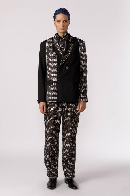 Shop_Line Out Line_Black Cotton Poly Stretch Printed Polka Dot Placed Blazer_Online_at_Aza_Fashions