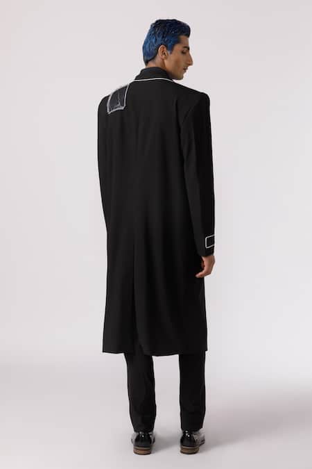 Shop Line Out Line Black Cotton Poly Stretch Patchwork Placed Printed Panel Trench Coat at Aza Fashions Shop_Line Out Line_Black Cotton Poly Stretch Patchwork Placed Printed Panel Trench Coat_at_Aza_Fashions