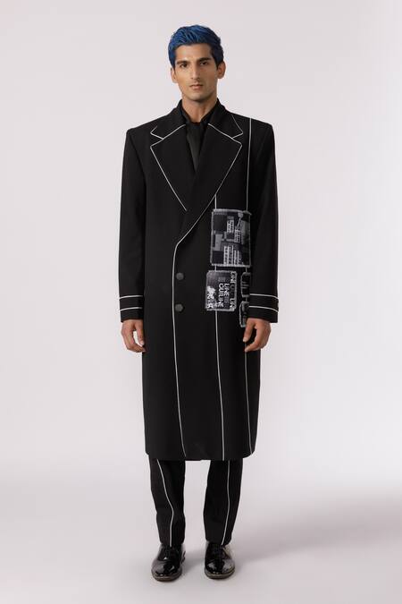 Line Out Line Black Cotton Poly Stretch Patchwork Placed Printed Panel Trench Coat Online at Aza Fashions Line Out Line_Black Cotton Poly Stretch Patchwork Placed Printed Panel Trench Coat_Online_at_Aza_Fashions