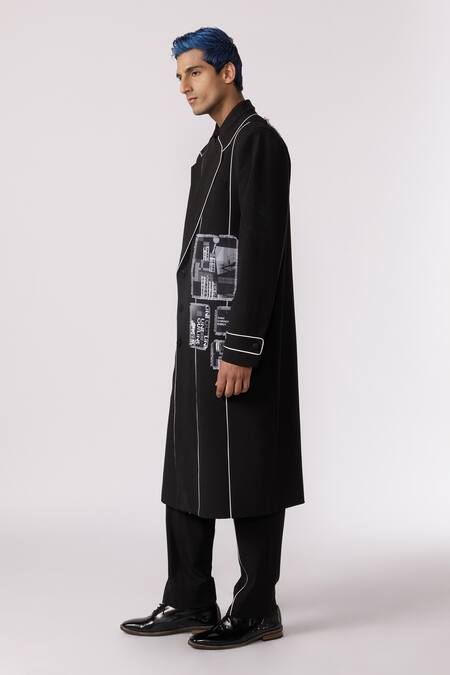 Buy Line Out Line Black Cotton Poly Stretch Patchwork Placed Printed Panel Trench Coat Online at Aza Fashions Buy_Line Out Line_Black Cotton Poly Stretch Patchwork Placed Printed Panel Trench Coat_Online_at_Aza_Fashions