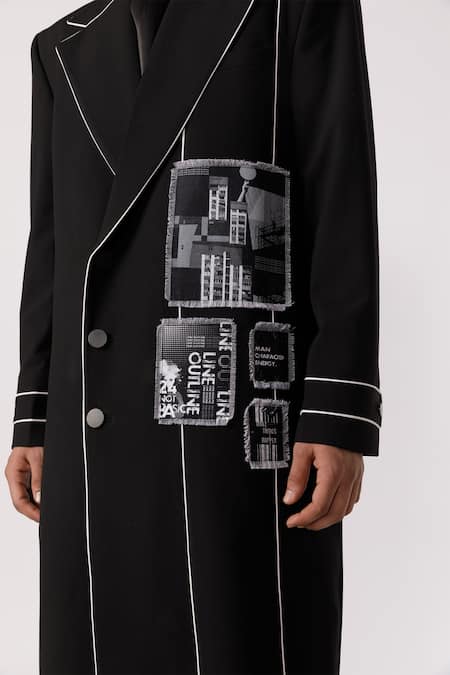 Shop Line Out Line Black Cotton Poly Stretch Patchwork Placed Printed Panel Trench Coat Online at Aza Fashions Shop_Line Out Line_Black Cotton Poly Stretch Patchwork Placed Printed Panel Trench Coat_Online_at_Aza_Fashions