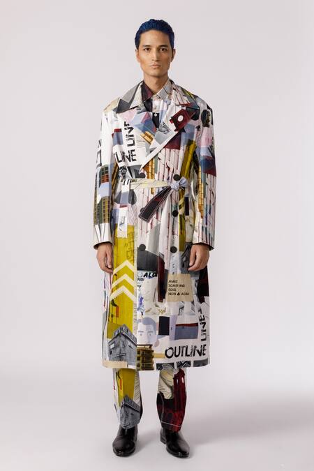 Line Out Line_Off White Cotton Twill Printed Mosaic Trench Coat_Online_at_Aza_Fashions