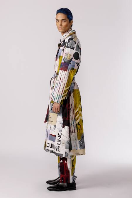 Buy_Line Out Line_Off White Cotton Twill Printed Mosaic Trench Coat_Online_at_Aza_Fashions