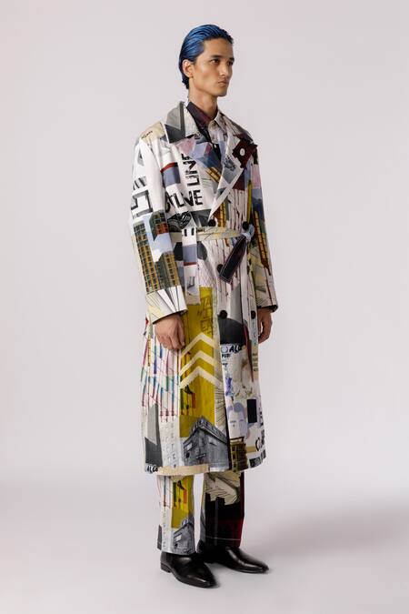 Shop_Line Out Line_Off White Cotton Twill Printed Mosaic Trench Coat_Online_at_Aza_Fashions