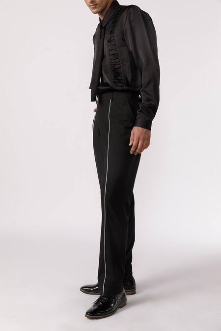 Line Out Line_Black Cotton Piping Contrast Pant_Online_at_Aza_Fashions