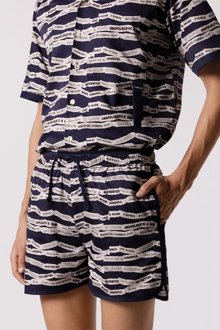 Buy_Line Out Line_Blue Cotton Satin Printed Calligraphy Shorts_Online_at_Aza_Fashions