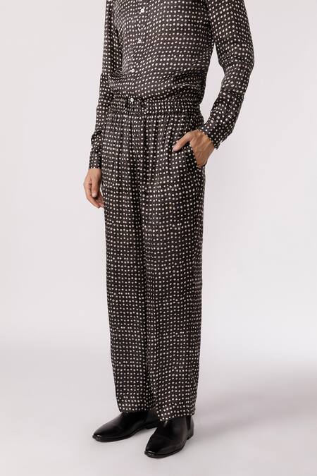 Line Out Line_Black Bamboo Silk Printed Polka Dot Pyjama Pant_Online_at_Aza_Fashions