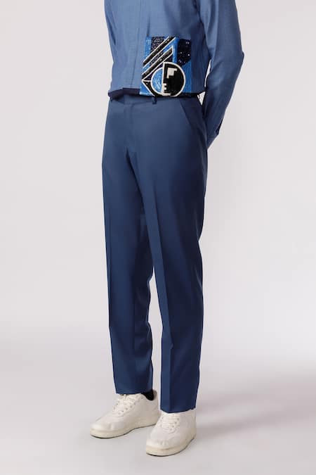 Line Out Line_Blue Cotton Solid Straight Pant_Online_at_Aza_Fashions