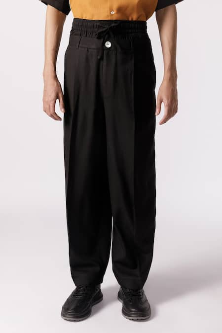 Line Out Line_Black Cotton Solid Baggy Pant_Online_at_Aza_Fashions