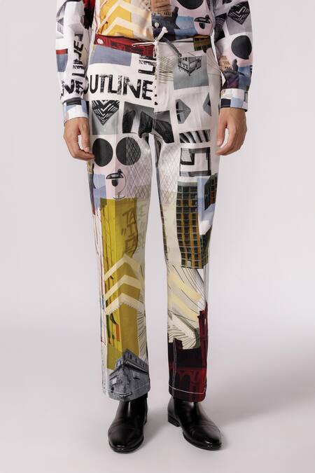 Line Out Line_Off White Cotton Printed Mosaic Pant_Online_at_Aza_Fashions