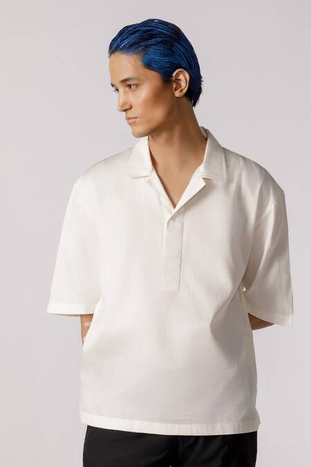 Line Out Line_Off White Glaze Cotton Solid Shirt_Online_at_Aza_Fashions