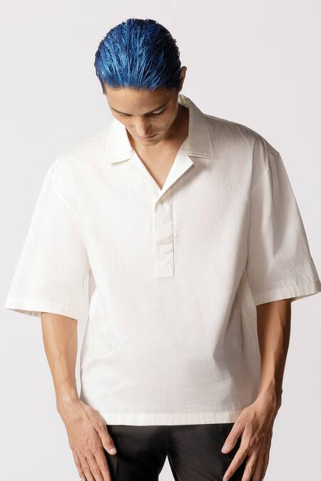Shop_Line Out Line_Off White Glaze Cotton Solid Shirt_Online_at_Aza_Fashions