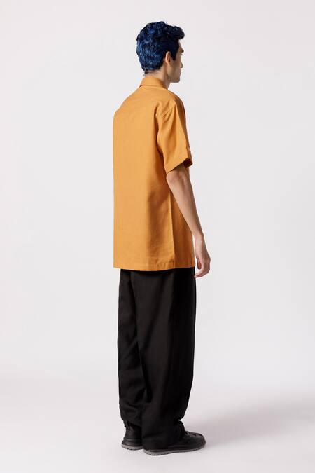 Shop Line Out Line Yellow Cotton Solid Lapel Collar Shirt at Aza Fashions Shop_Line Out Line_Yellow Cotton Solid Lapel Collar Shirt_at_Aza_Fashions