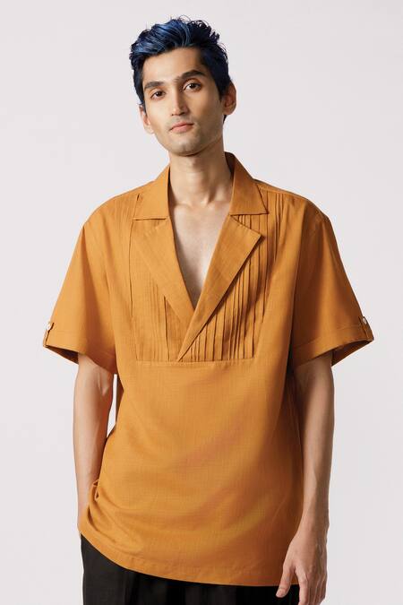 Line Out Line Yellow Cotton Solid Lapel Collar Shirt Online at Aza Fashions Line Out Line_Yellow Cotton Solid Lapel Collar Shirt_Online_at_Aza_Fashions