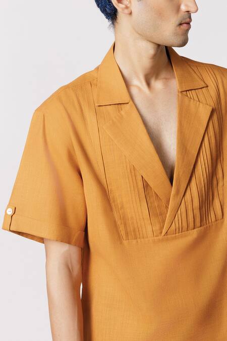 Buy Line Out Line Yellow Cotton Solid Lapel Collar Shirt Online at Aza Fashions Buy_Line Out Line_Yellow Cotton Solid Lapel Collar Shirt_Online_at_Aza_Fashions