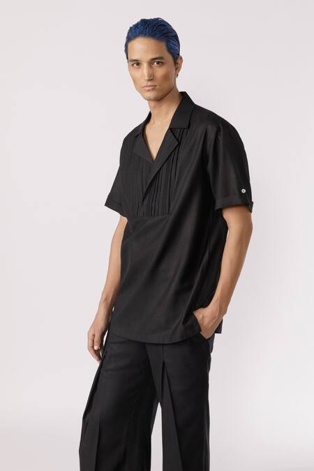 Line Out Line_Black Cotton Solid Plain Lapel Collar Shirt_Online_at_Aza_Fashions