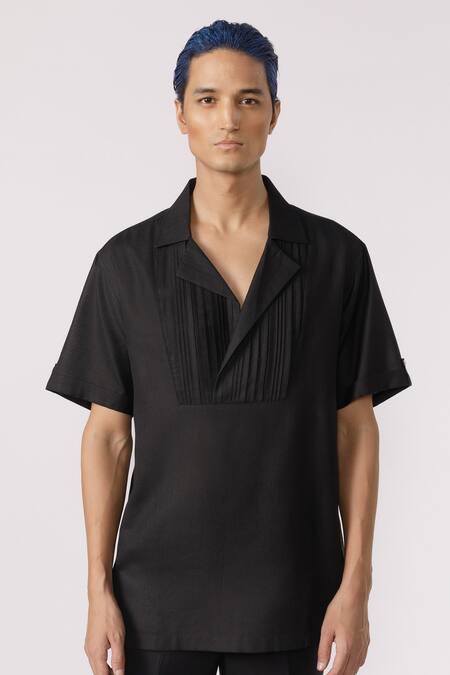 Buy_Line Out Line_Black Cotton Solid Plain Lapel Collar Shirt_Online_at_Aza_Fashions