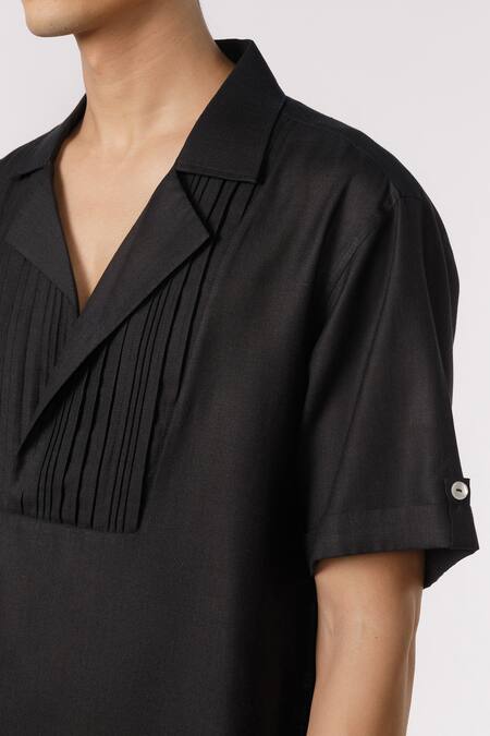 Shop_Line Out Line_Black Cotton Solid Plain Lapel Collar Shirt_Online_at_Aza_Fashions