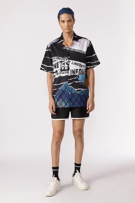 Line out line Black Cotton Satin Printed Abstract Line Shirt  