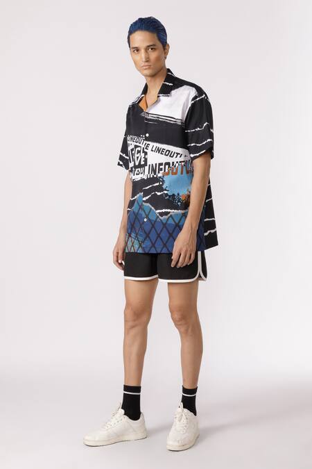 Line Out Line_Black Cotton Satin Printed Abstract Line Shirt_Online_at_Aza_Fashions