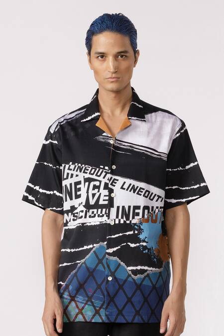 Buy_Line Out Line_Black Cotton Satin Printed Abstract Line Shirt_Online_at_Aza_Fashions