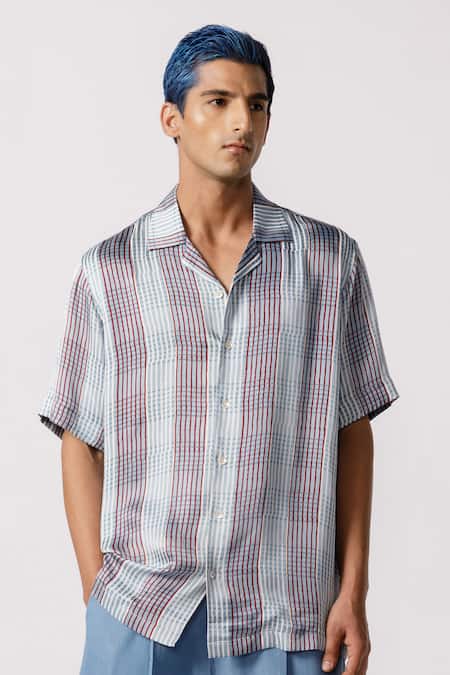 Line Out Line_Blue Bamboo Silk Printed Checkered Breeze Shirt_Online_at_Aza_Fashions