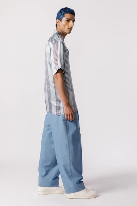 Buy_Line Out Line_Blue Bamboo Silk Printed Checkered Breeze Shirt_Online_at_Aza_Fashions