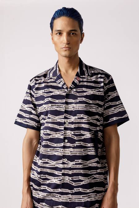 Line Out Line_Blue Cotton Satin Printed Scratchy Shirt_Online_at_Aza_Fashions