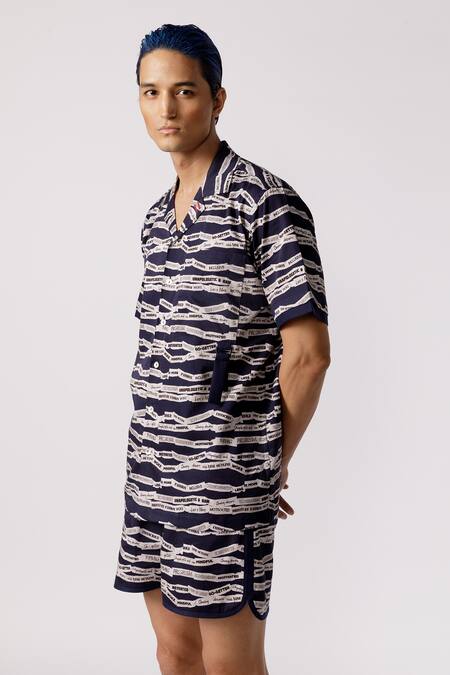 Buy_Line Out Line_Blue Cotton Satin Printed Scratchy Shirt_Online_at_Aza_Fashions